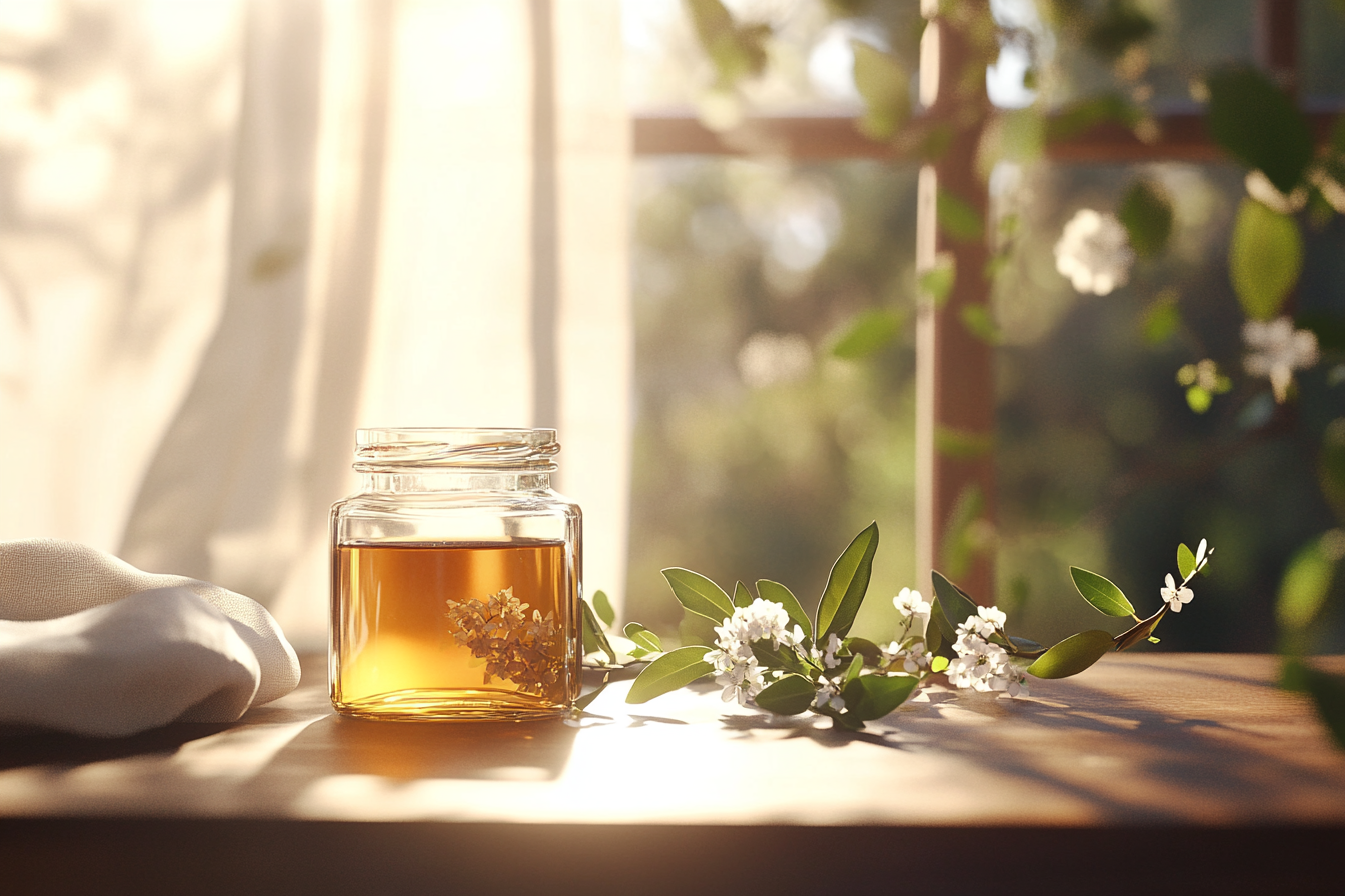 Glazen pot met gouden Manuka honing op een houten tafel, omringd door verse Manuka bloemen en bladeren, verlicht door natuurlijk zonlicht bij een raam.