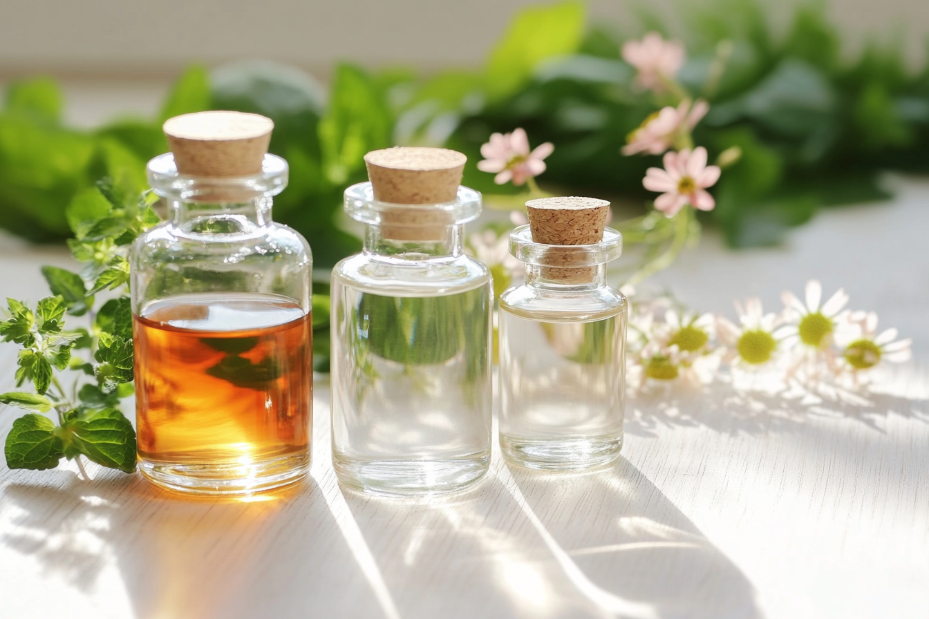 Bloesemremedies in drie glazen flesjes met kurkdoppen, gevuld met heldere vloeistoffen en amberkleurige tinctuur, omringd door bloemen en groene bladeren.